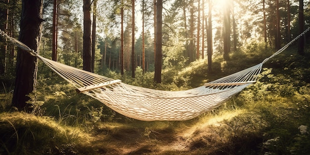 Eine Hängematte im Wald, auf die die Sonne scheint.