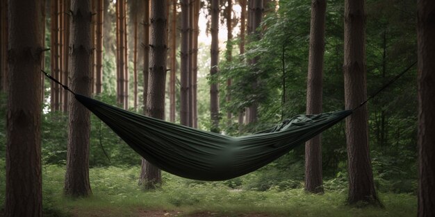 Eine Hängematte in einem Wald, an der eine grüne Decke hängt.
