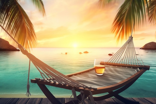 Eine Hängematte mit einem Glas Bier darauf liegt an einem tropischen Strand.