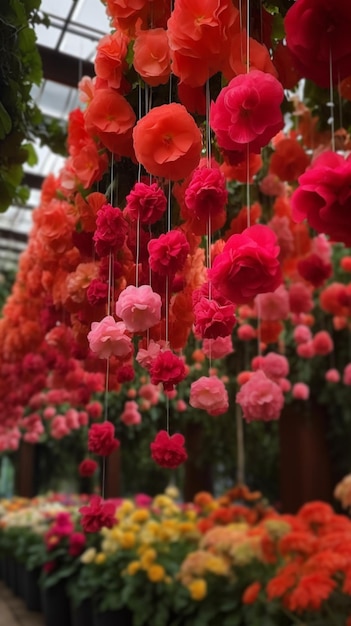 Eine hängende Blumenpräsentation im Garten