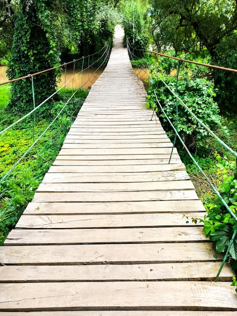 Eine hängende hölzerne Fußgängerbrücke über den Fluss inmitten eines grünen Waldes.