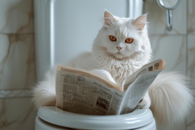 Eine häusliche Katze sitzt auf der Toilette und liest eine Zeitung