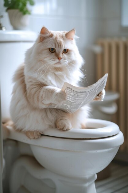 Eine häusliche Katze sitzt auf der Toilette und liest eine Zeitung