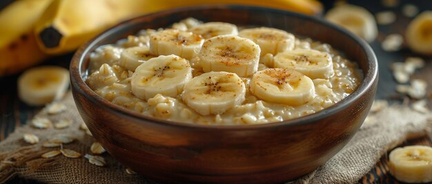 Eine Hafermehlschüssel mit einer mit Sacktuch bedeckten Banane enthält Hafermehle mit Bananen