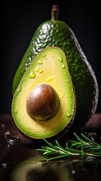 eine halbe Avocado mit einem Zweig Rosmarin