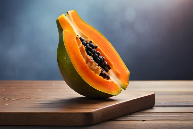 Eine halbierte Melone liegt auf einem Holzschneidebrett.