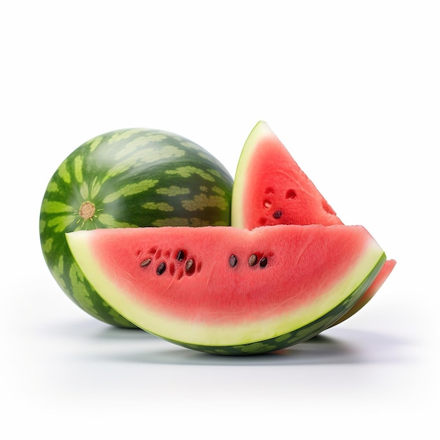 Eine halbierte Wassermelone und eine halbierte Scheibe.