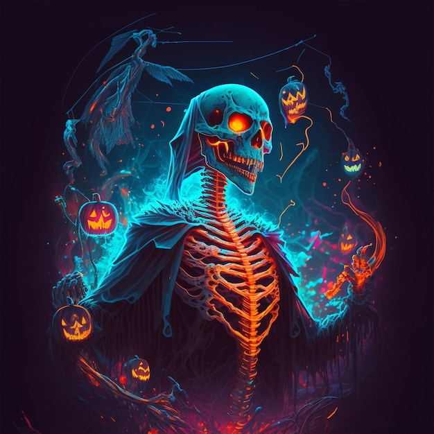 Eine Halloween-Illustration eines Skeletts mit leuchtenden Augen und einem Kürbis in der Mitte.