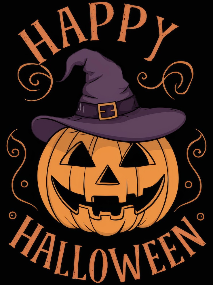 Foto eine halloween-illustration mit einem geschnitzten kürbis, der einen hexenhut mit verzierten wirbel und