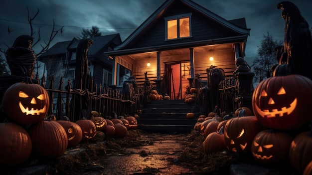 Eine Halloween-Party mit einem Holzbanner, auf dem Kürbis-Jacko-Laternenköpfe zu sehen sind