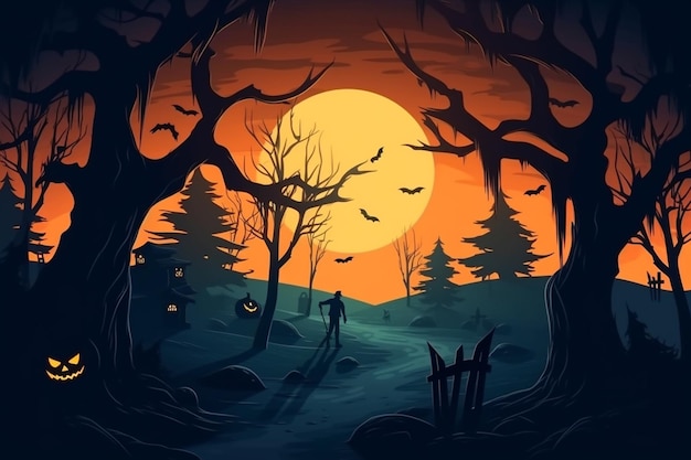 Eine Halloween-Szene mit der Silhouette eines Mannes, der im Wald spaziert.