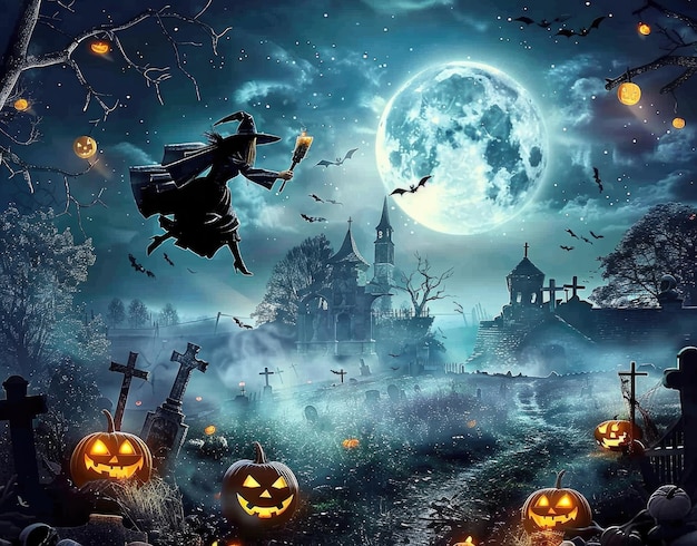 eine Halloween-Szene mit einer Hexe und Kürbissen und einem Vollmond im Hintergrund