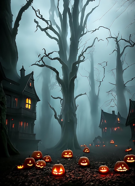 Eine Halloween-Szene mit Kürbissen auf dem Boden und einem Baum im Hintergrund.