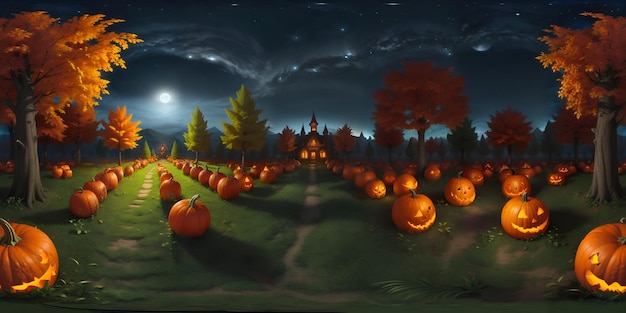 Eine Halloween-Szene mit Kürbissen und dem Mond im Hintergrund HDRI 360