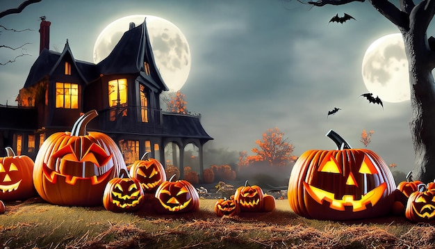 Eine Halloween-Szene mit Kürbissen und einem Haus im Hintergrund 5
