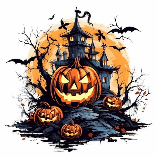 eine Halloween-Szene mit Kürbissen und einem Schloss