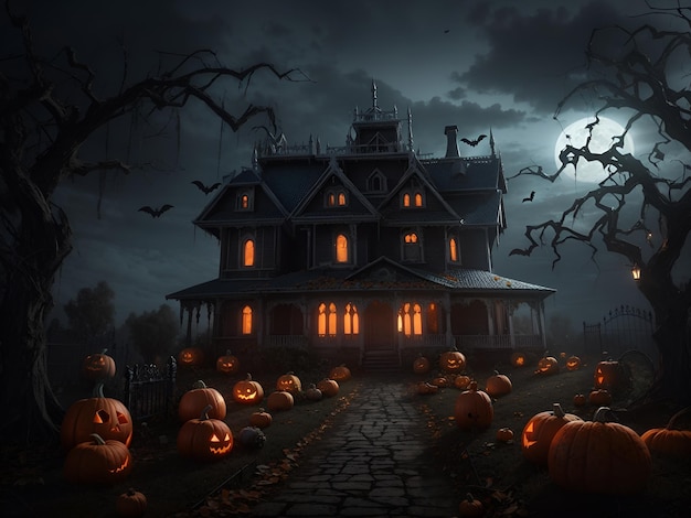 Eine Halloween-Szene mit Kürbissen und einem Spukhaus