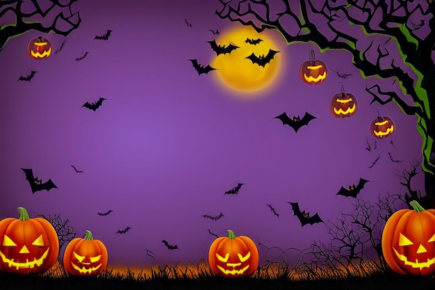 Eine Halloween-Szene mit Kürbissen und Fledermäusen auf violettem Hintergrund