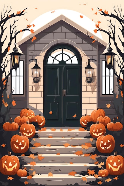 Eine Halloween-Szene mit Kürbissen vor einem Haus. Digitales Bild Halloween-Dekor