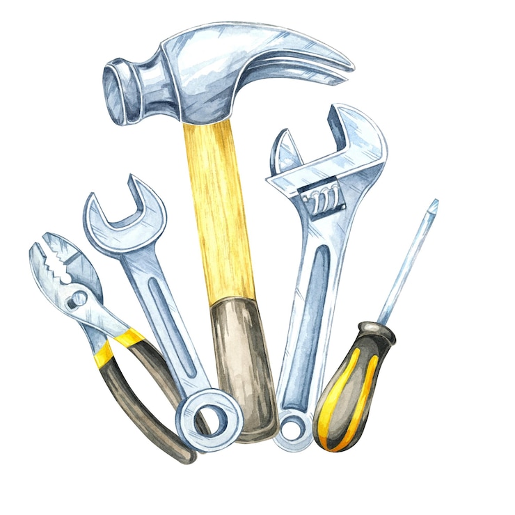 Foto eine hammerschlüssel, zangen und schraubenzieher illustration handgemaltes aquarell-clipart perfekt für den einsatz bei der branding von hauswerkerarbeit
