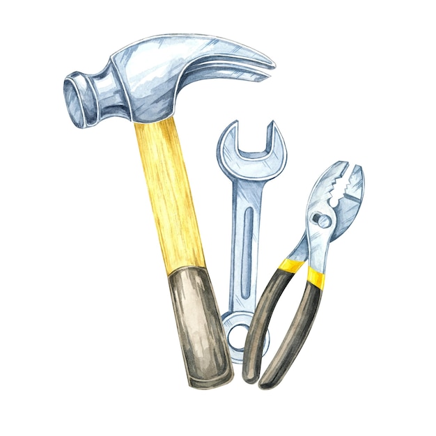 Eine Hammerzange und ein Schraubenschlüssel-Clippart Handgemalte Instrumente Aquarell-Illustration Ideal für bauerelate Entwürfe