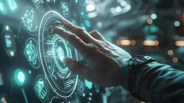 Eine Hand berührt eine futuristische Benutzeroberfläche mit einem leuchtend blauen Kreis