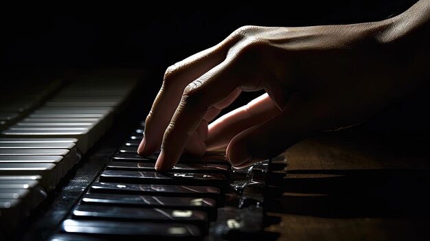 Foto eine hand, die bei schlechten lichtverhältnissen auf einer tastatur tippt