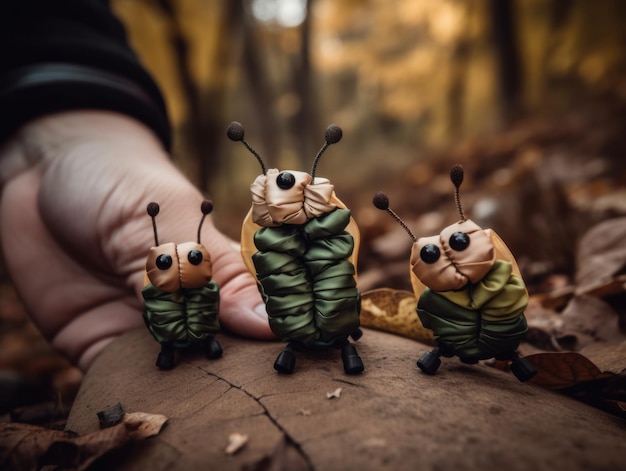 Foto eine hand, die drei kleine spielzeugkäfer in einem wald hält generatives ki-bild