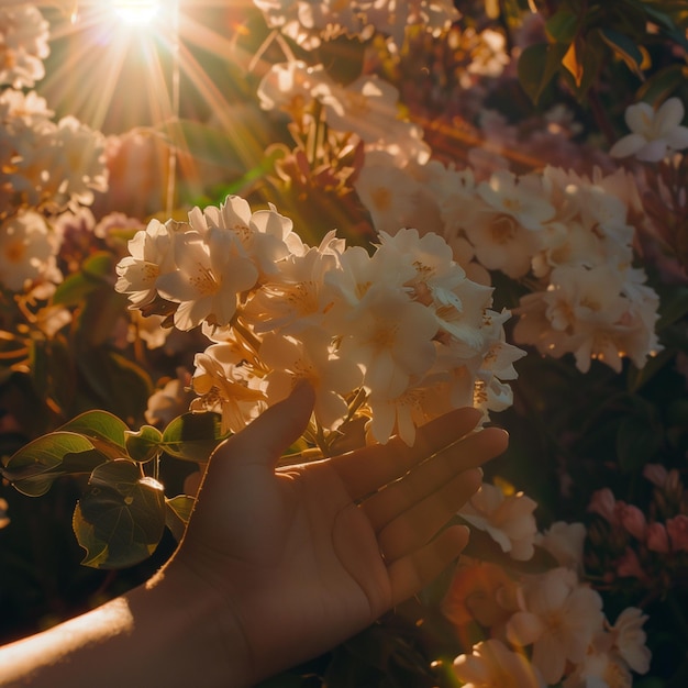 eine Hand, die ein Bündel von wilden Blumen in einem Feld mit der Sonne hinter sich hält