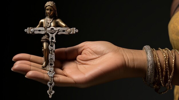 eine Hand, die ein Kreuz neben einem Bild von St. Teresa hält