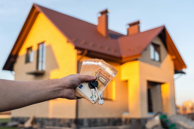 Eine Hand, die ein Schlüsselpaket mit einer Kreditkarte vor einem Haus hält.