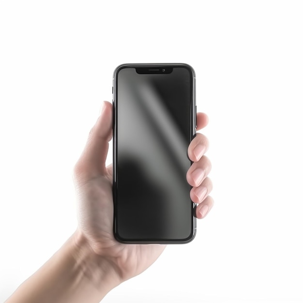 Eine Hand, die ein schwarzes Telefon mit einem leeren Bildschirm hält.