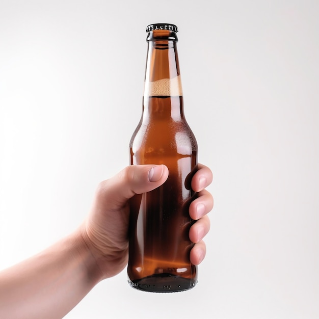 Eine Hand, die eine Bierflasche aus Glas hält