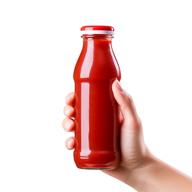 eine Hand, die eine Flasche Ketchup hält