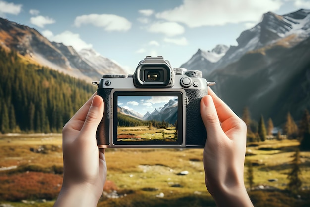 eine Hand, die eine Kamera in der Hand hält Nationalpark Hintergrund klarer Kanten Definition Mockup