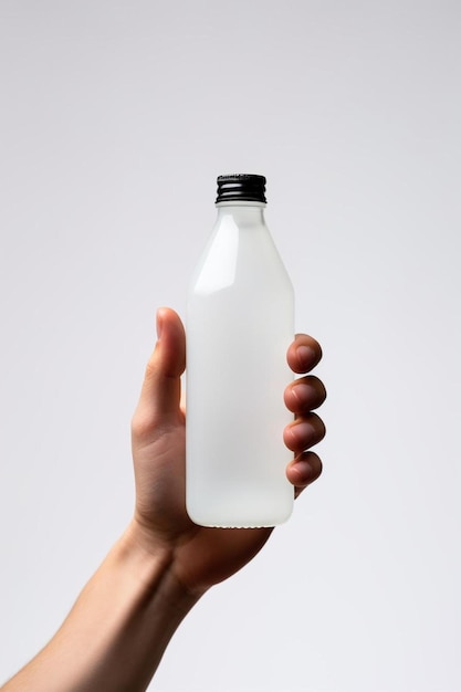 eine Hand, die eine Milchflasche mit einer schwarzen Spitze hält