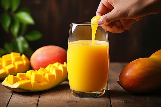 Eine Hand, die eine reife Mango mit Saft drückt, fließt auf ein Glas mit einer Mango-Scheibe