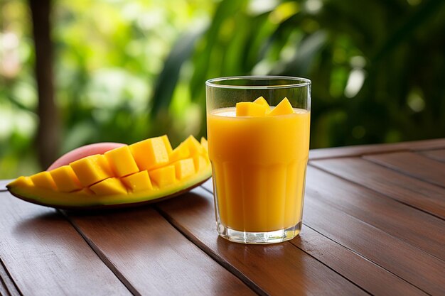 Eine Hand, die eine reife Mango mit Saft drückt, fließt auf ein Glas mit einer Mango-Scheibe