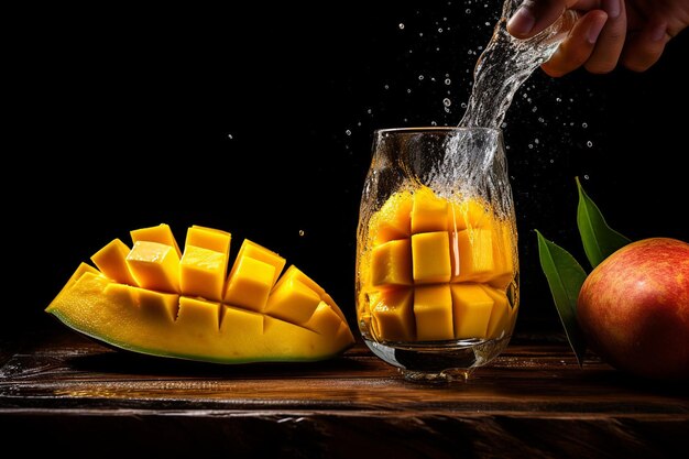 Foto eine hand, die eine reife mango mit saft drückt, fließt auf ein glas mit einer mango-scheibe