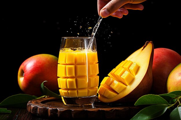 Foto eine hand, die eine reife mango mit saft drückt, fließt auf ein glas mit einer mango-scheibe