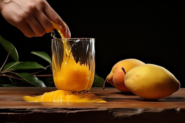 Foto eine hand, die eine reife mango mit saft drückt, fließt auf ein glas mit einer mango-scheibe