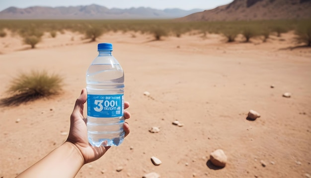 eine Hand, die eine Wasserflasche in einem trockenen Hintergrund hält, gesundes Leben, Wasserschutz