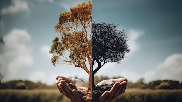 Eine Hand, die einen Baum mit dem Wort Baum darauf hält