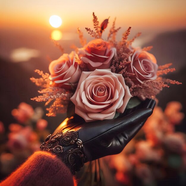 eine Hand, die einen Blumenstrauß mit der Sonne hinter sich hält