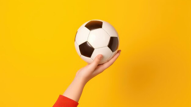 Eine Hand, die einen Fußball auf gelbem Hintergrund hält