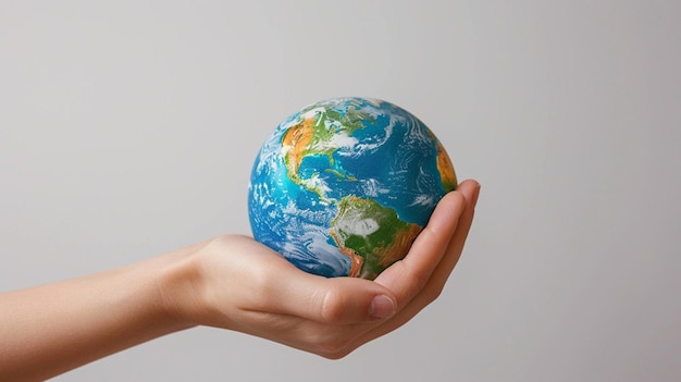 eine Hand, die einen Globus mit der Welt im Hintergrund hält