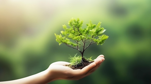 Eine Hand, die einen kleinen Baum mit dem Wort Baum darauf hält.