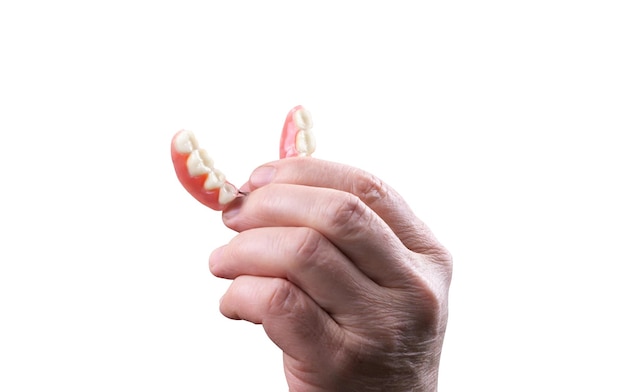 Foto eine hand, die einen prothetischen zahnkiefer auf weißem hintergrund hält