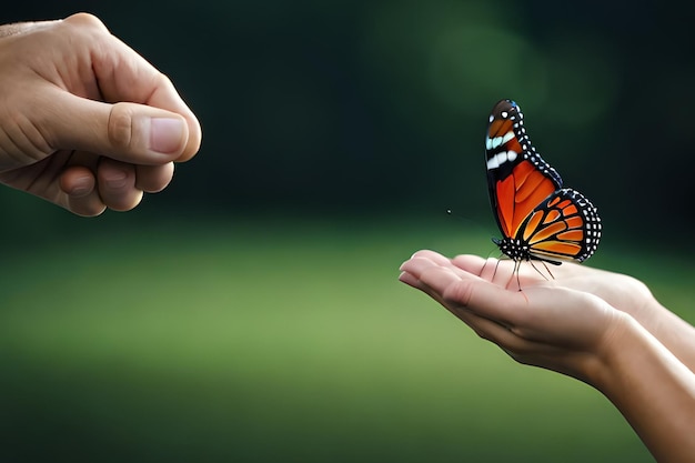 Eine Hand, die einen Schmetterling mit dem Wort Schmetterling darauf hält