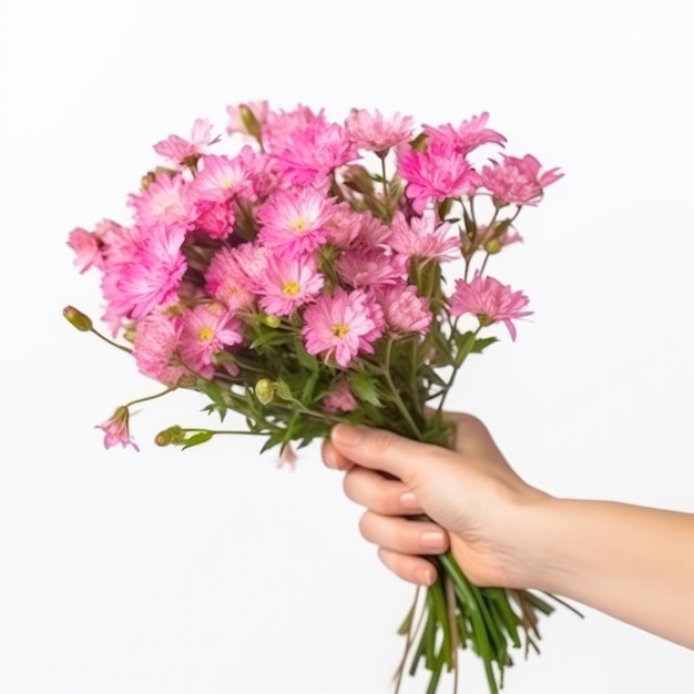 Eine Hand, die einen Strauß rosa Blumen hält